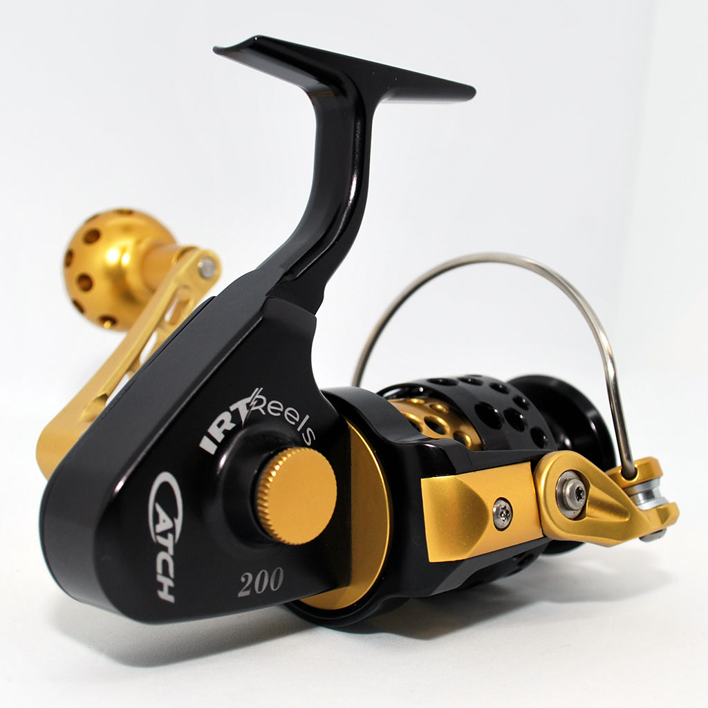 IRT 200 Fishing Reel in Gold and Black with Catch Branding