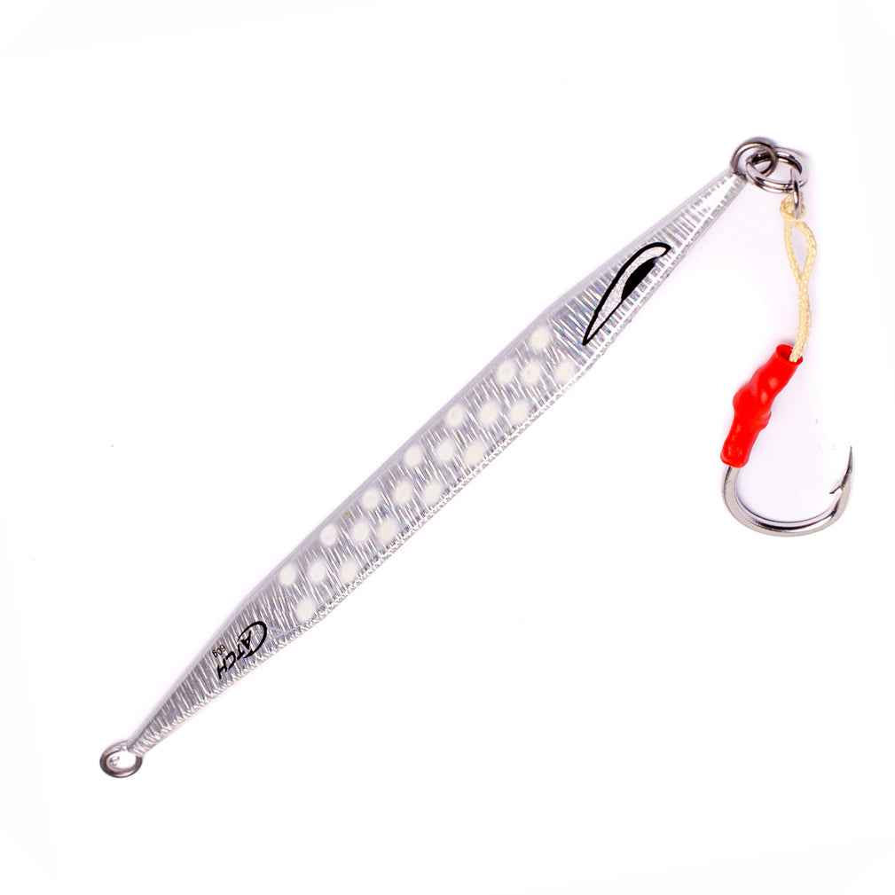 Catch Double Trouble White Warrior jig with UV reactive & glow paint for jigging kingfish and snapper